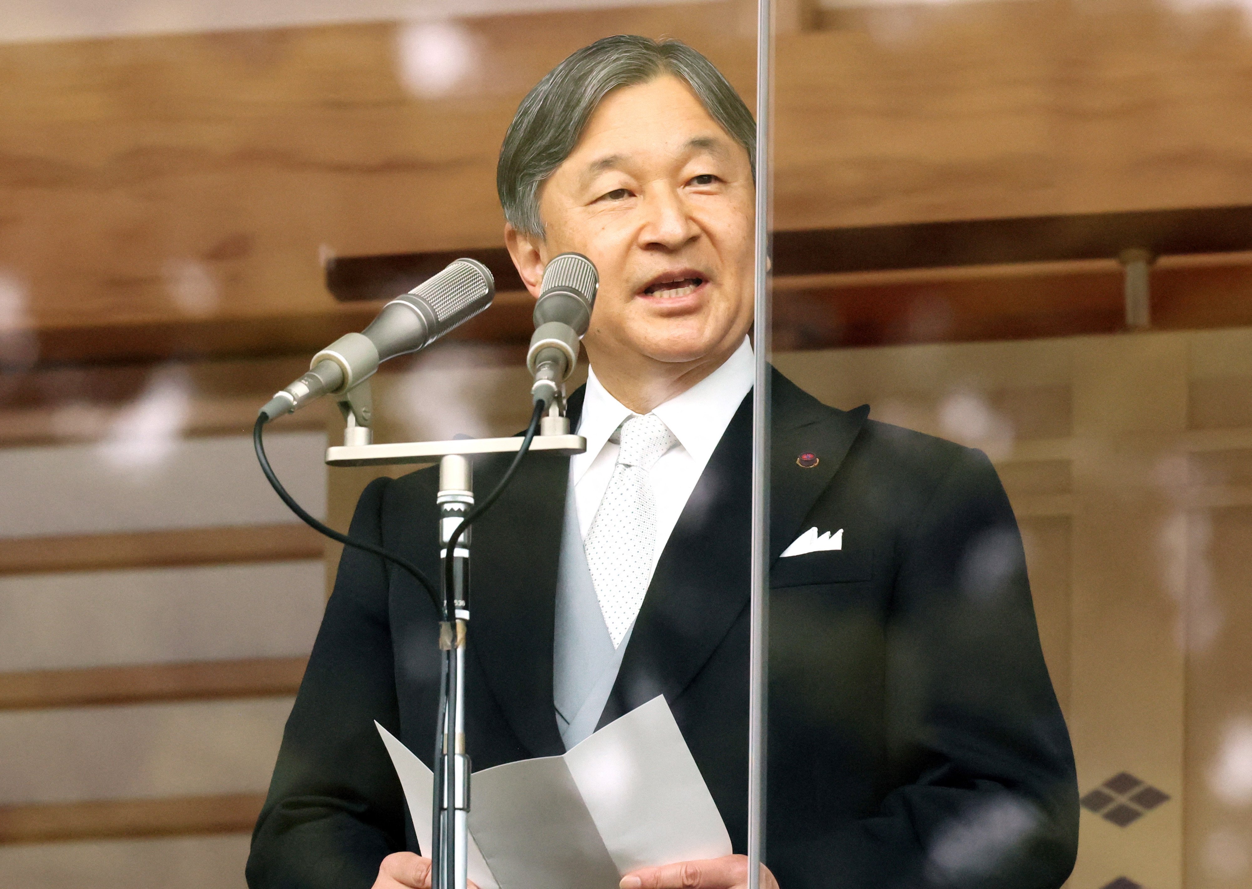 Japanese Emperor Naruhito addresses well-wishers from the balcony of the Imperial Palace in Tokyo on 23 February 2024. Emperor Naruhito celebrated his 64th birthday.