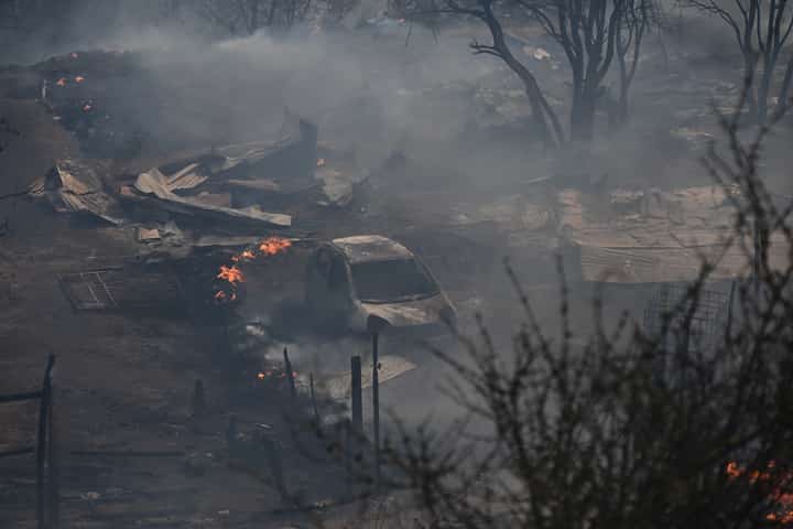 View of a forest fire that affected the hills in Quilpe, Viña del Mar, Chile, taken on 3 February 2024. The region of Valparaiso and Viña del Mar, in central Chile, woke up on Saturday with a partial curfew to allow the movement of evacuees and the transfer of emergency equipment in the midst of a series of unprecedented fires, authorities reported.