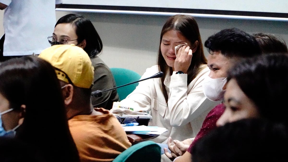 EMOTION overflows as Vanessa Antonio (lower left photo) relates her experiences being allegedly scammed by recruiters to Italy during a hearing presided over by Senator Raffy Tulfo with Senator Risa Hontiveros of the Senate Committee on Migrant Workers on Wednesday.