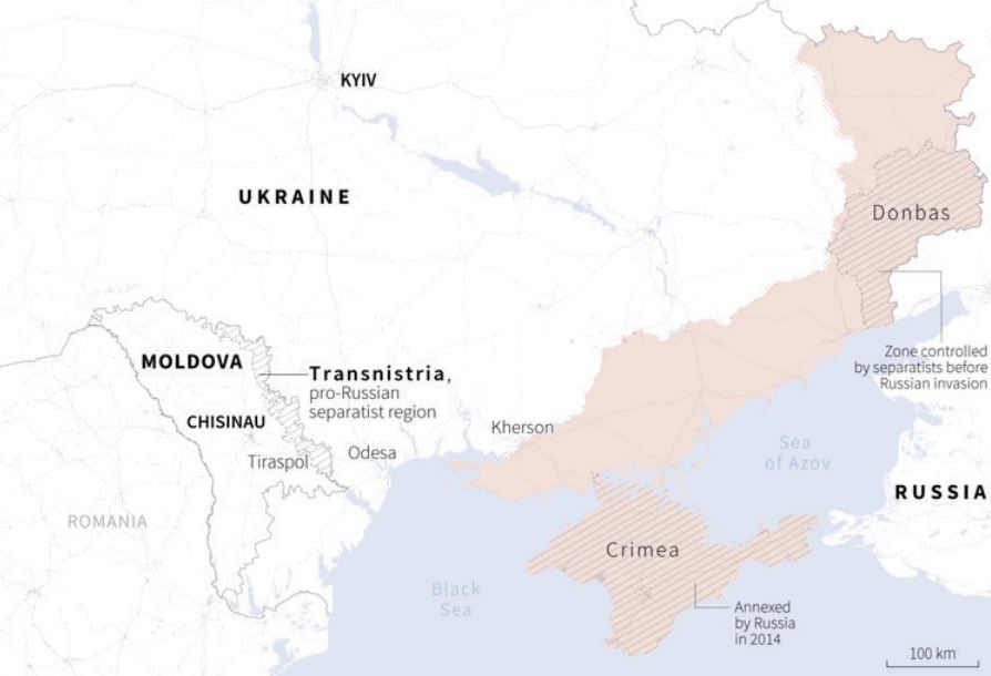 THE location of Transnistria, a pro-Russian separatist region in Moldova bordering Ukraine.