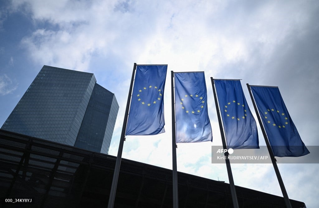 European Union flags fly in front of the European Central Bank (ECB) ahead of the meeting of the governing council of the ECB in Frankfurt am Main, western Germany, on 7 March 2024.