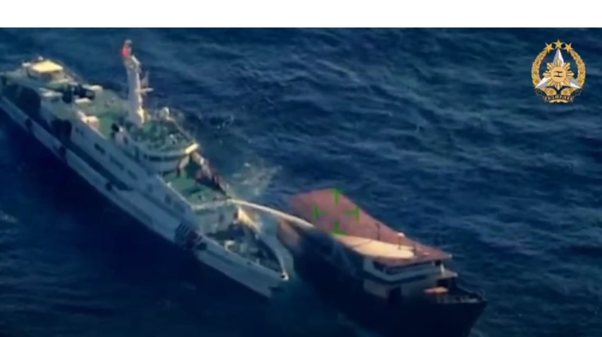 Screengrab of Chinese Coast Guard vessel water cannons  Philippine vessel, Tuesday 5 March.