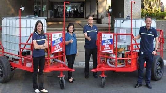 Maynilad, together with the Metropolitan Waterworks and Sewerage System (MWSS), inspected the fire trailers prior to turn over to the local government units in the West Zone. Present at the inspection were (from left) Maynilad Corporate Affairs and Communication Head Marie Antonette H. De Ocampo, MWSS Administrator Leonor Cleofas, Maynilad President and CEO Ramoncito S. Fernandez, and Maynilad Chief Operating Officer Randolph T. Estrellado.