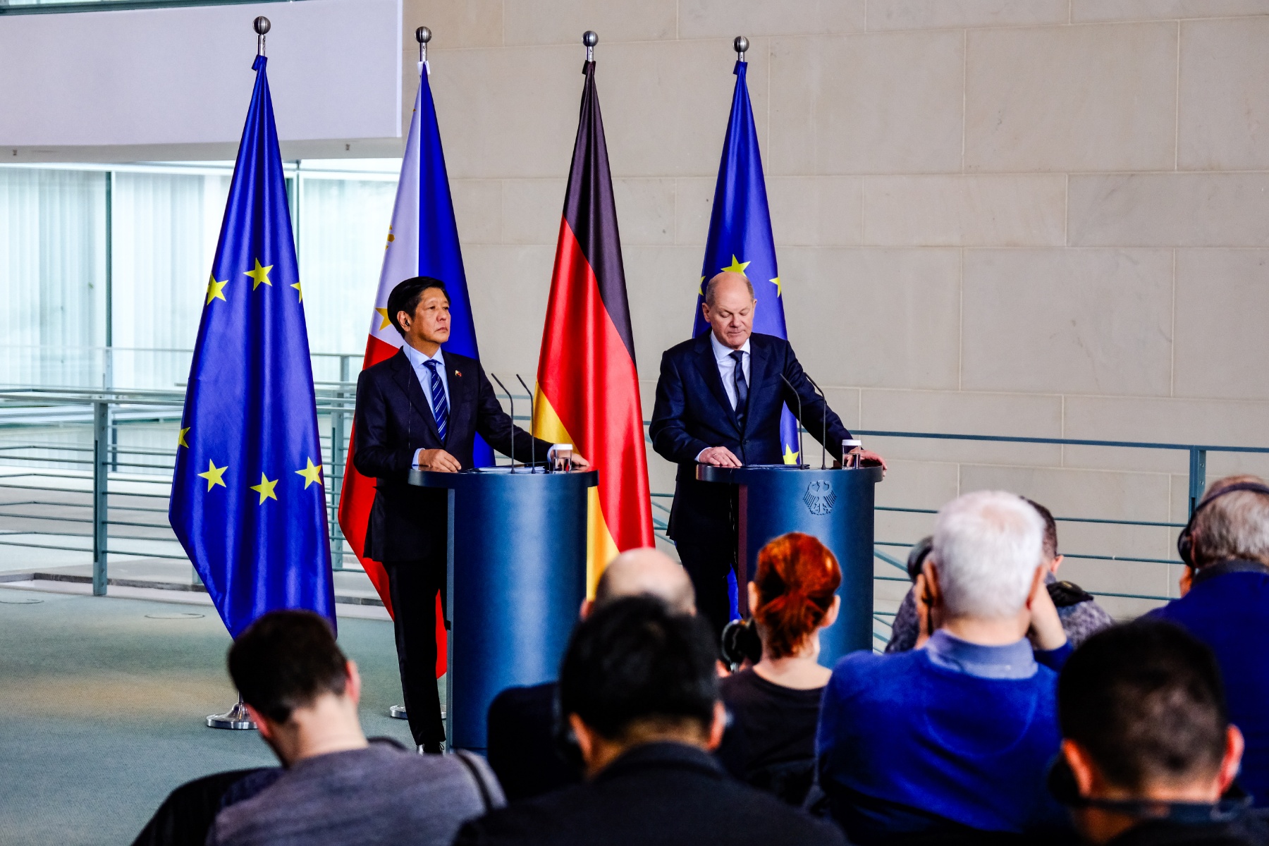 LOOK: President Ferdinand Romualdez Marcos Jr. and German Chancellor Olaf Scholz answer questions from the members of the media during the joint press conference at the Chancellery as part of President Marcos' working visit to Germany on Tuesday, 12 March 2024.
