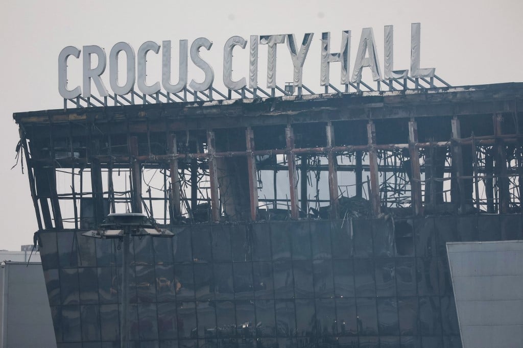 A view shows the burned Crocus City Hall concert hall, the scene of the gun attack, in Krasnogorsk, outside Moscow, on 23 March 2024.