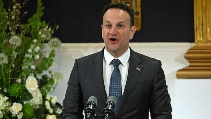 (FILES) Ireland's Prime Minister Leo Varadkar speaks during a Banquet Dinner in honour US President Biden, at Dublin Castle on 13 April 2023. Leo Varadkar announced on 20 March 2024 that he was stepping down as Ireland's prime minister and leader of the Fine Gael party in the governing coalition for personal and political reasons. "I am resigning the presidency and leadership of Fine Gael and will resign as Taoiseach as soon as my successor is able to take up that office," an emotional Varadkar told reporters in Dublin.