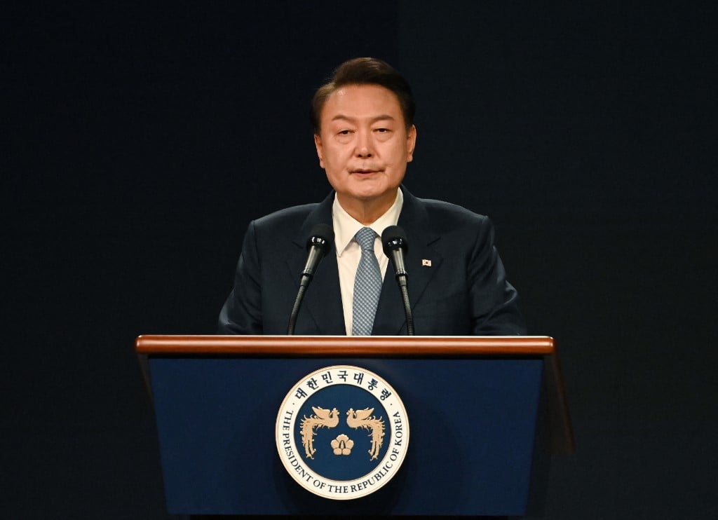 South Korea's President Yoon Suk Yeol speaks during the Third Summit for Democracy in Seoul on March 18, 2024.