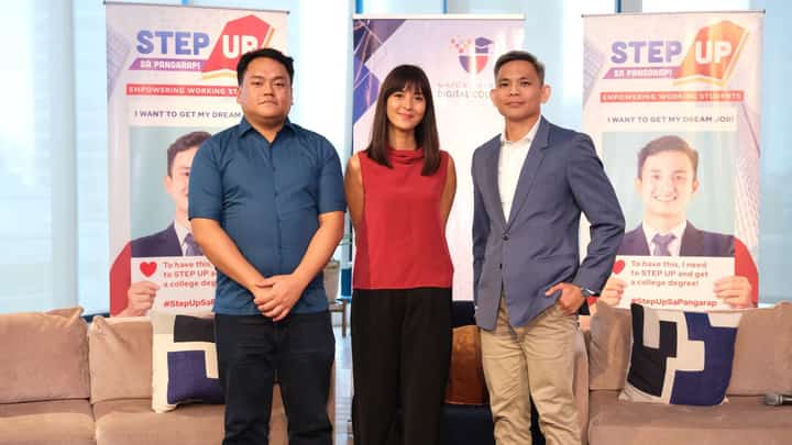 Stepping up together are (from left) Nico Lim, BS IT Data Analytics working student, Mapua Malayan Digital College; show host Bianca Gonzalez; and Noel Torregoza, head of instructional system design and academic, Mapua Malayan Digital College.