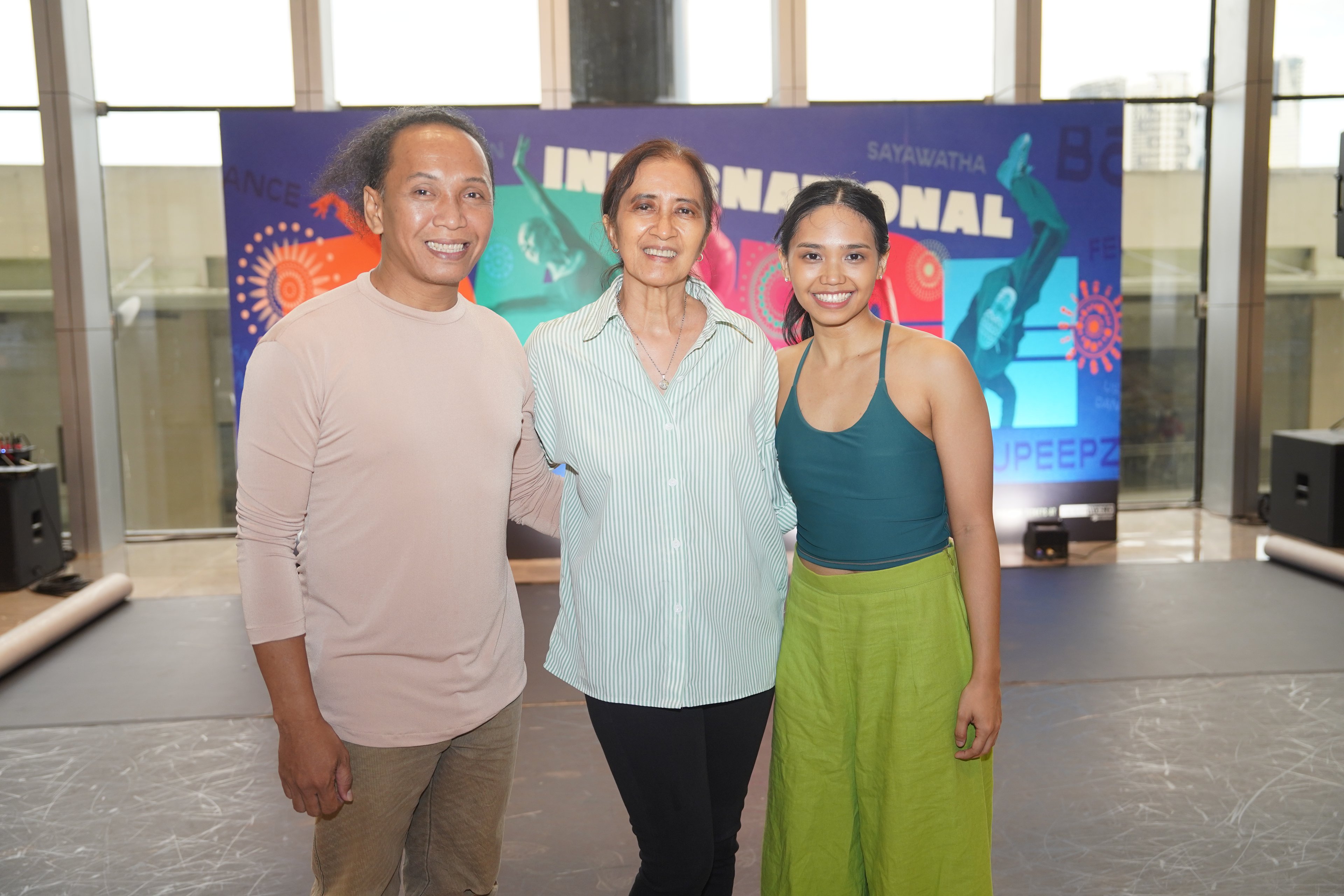 (From left) Carlos Deriada Jr., Myra Beltran, Contemporary Dance Network Philippines artistic director, and Abby Bonifacio