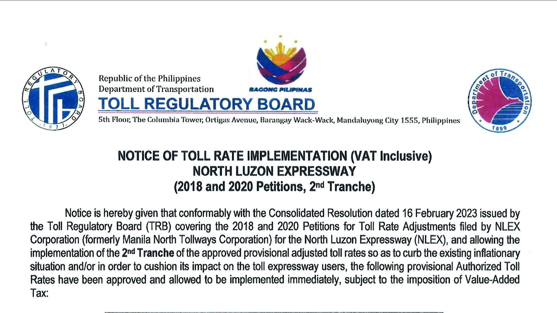 North Luzon Expressway(NLEX) - Notice of Toll Rate Implementation