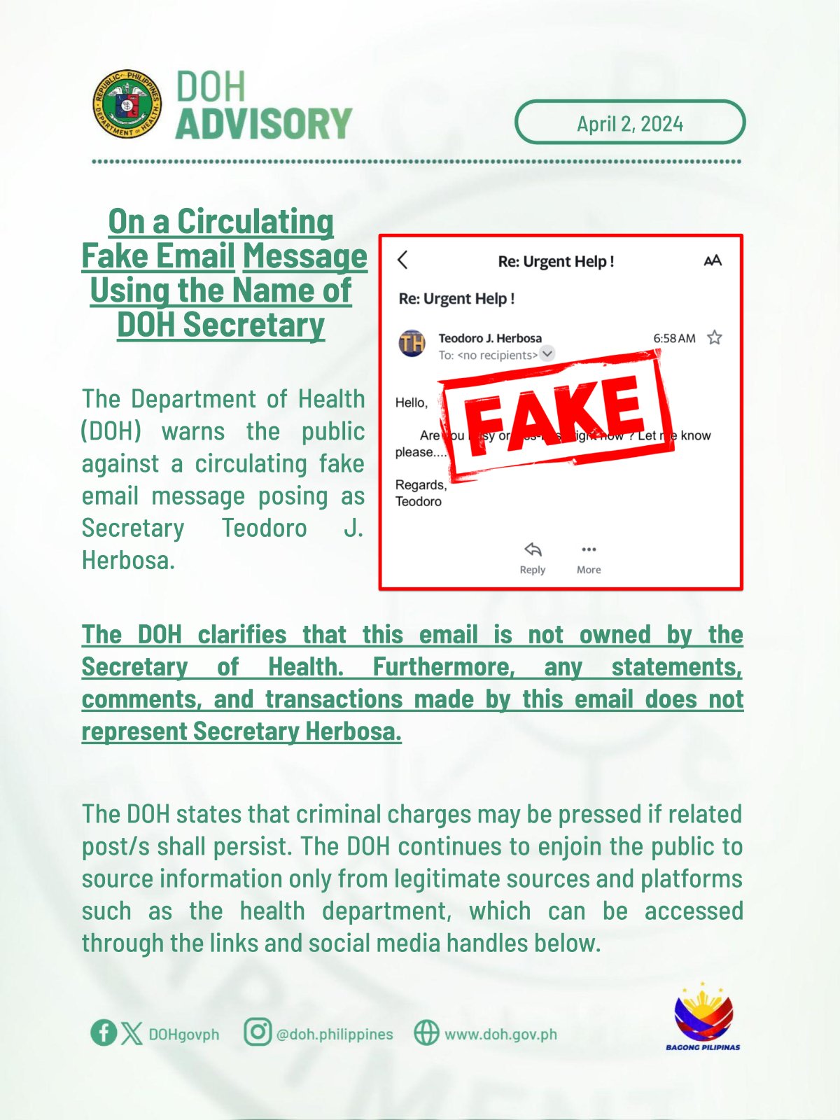 DOH warns public vs fake email