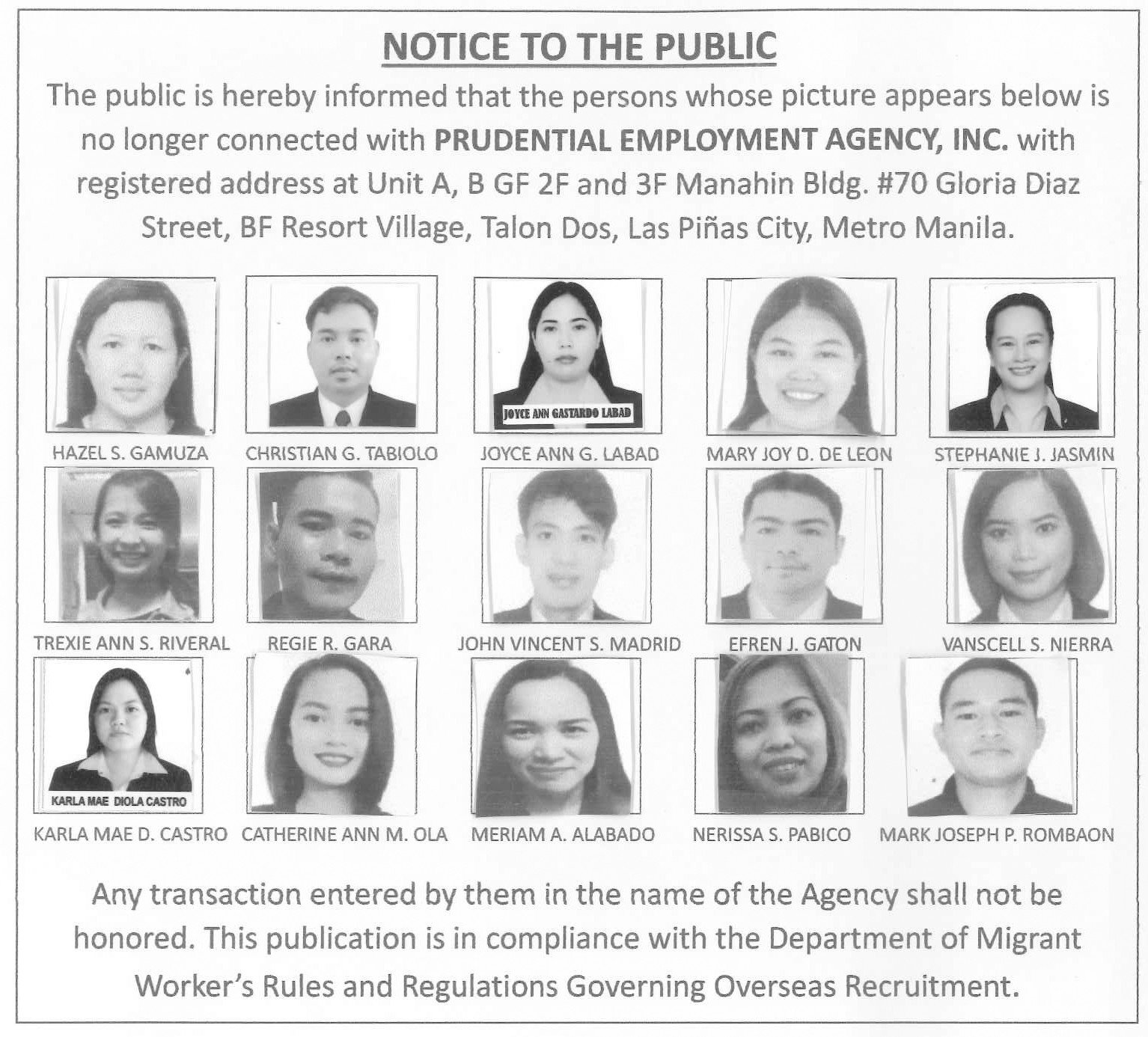 Notice to the public - Prudential Employment Agency, Inc.