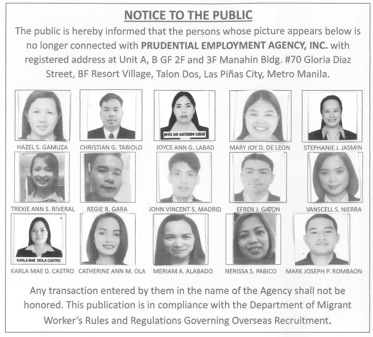 Notice to the public - Prudential Employment Agency, Inc.