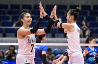 SHEVANA Laput and Thea Gagate celebrate after lifting De La Salle University to a 17-25, 25-19, 25-11, 25-22 win over Adamson University in Season 86 women’s volleyball tournament yesterday at the Smart Araneta Coliseum.