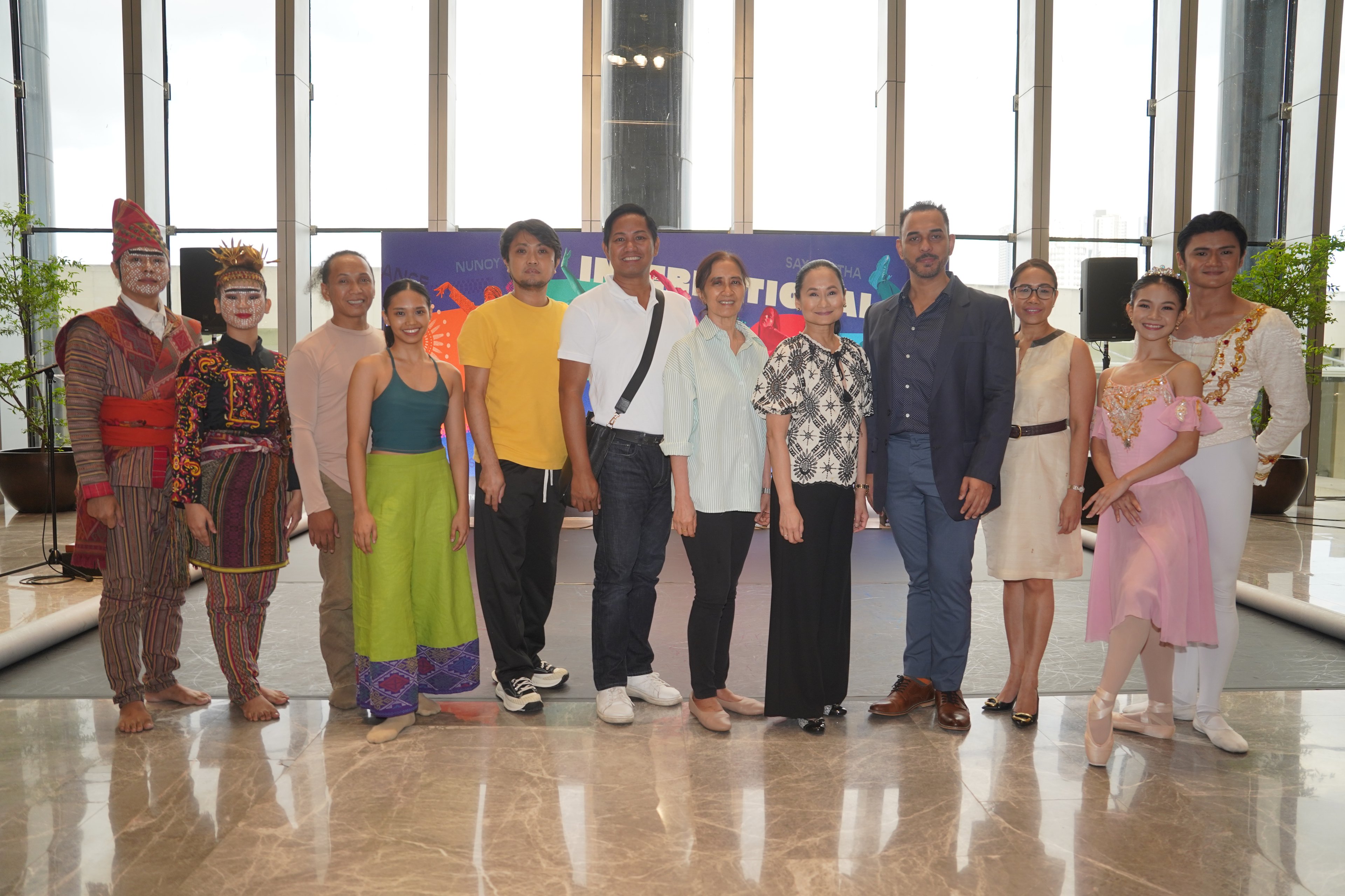 (From left) Ramon Obusan Folkloric Group performers; Carlos Deriada Jr., Airdance performer; Abby Bonifacio, Galaw Co. Dance Theatre performer; Carlo Valderrama, Airdance associate director; Lyle Villahermosa, Ramon Obusan Folkloric Group dance director; Myra Beltran, Contemporary Dance Network Philippines artistic director; Lisa Macuja Elizalde, Ballet Manila artistic director and chief executive officer; Christopher Mohnani, Samsung Performing Arts Theater managing director; Sharon Vital, Ayala Land Makati marketing manager; Shaira May Comeros and Joshua Rey Enciso, Ballet Manila principal dancers