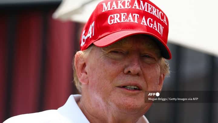 Former U.S. President Donald Trump looks on at the first tee during day three of the LIV Golf Invitational - Miami at Trump National Doral Miami on 7 April 2024, in Doral, Florida.