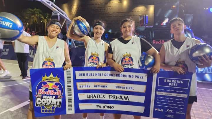 Sam Harada, Kaye Pingol, Eunique Chan and Afril Bernardino of Uratex Dream celebrate after defending their title in the Red Bull Half Court Philippines 2024 late Saturday at the Kartilya ng Katipunan in Manila.