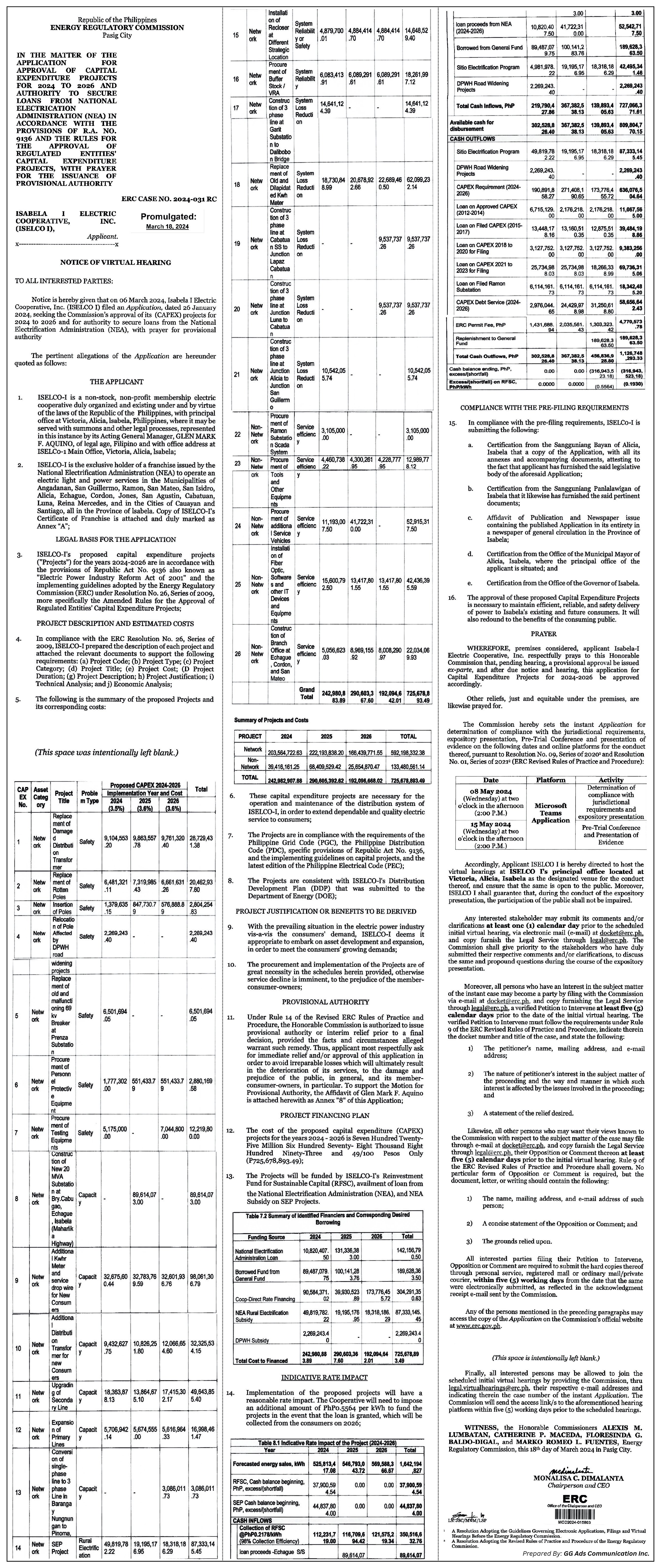 Notice of Virtual Hearing - Isabela I Electric Cooperative, Inc. (ISELCO I)
