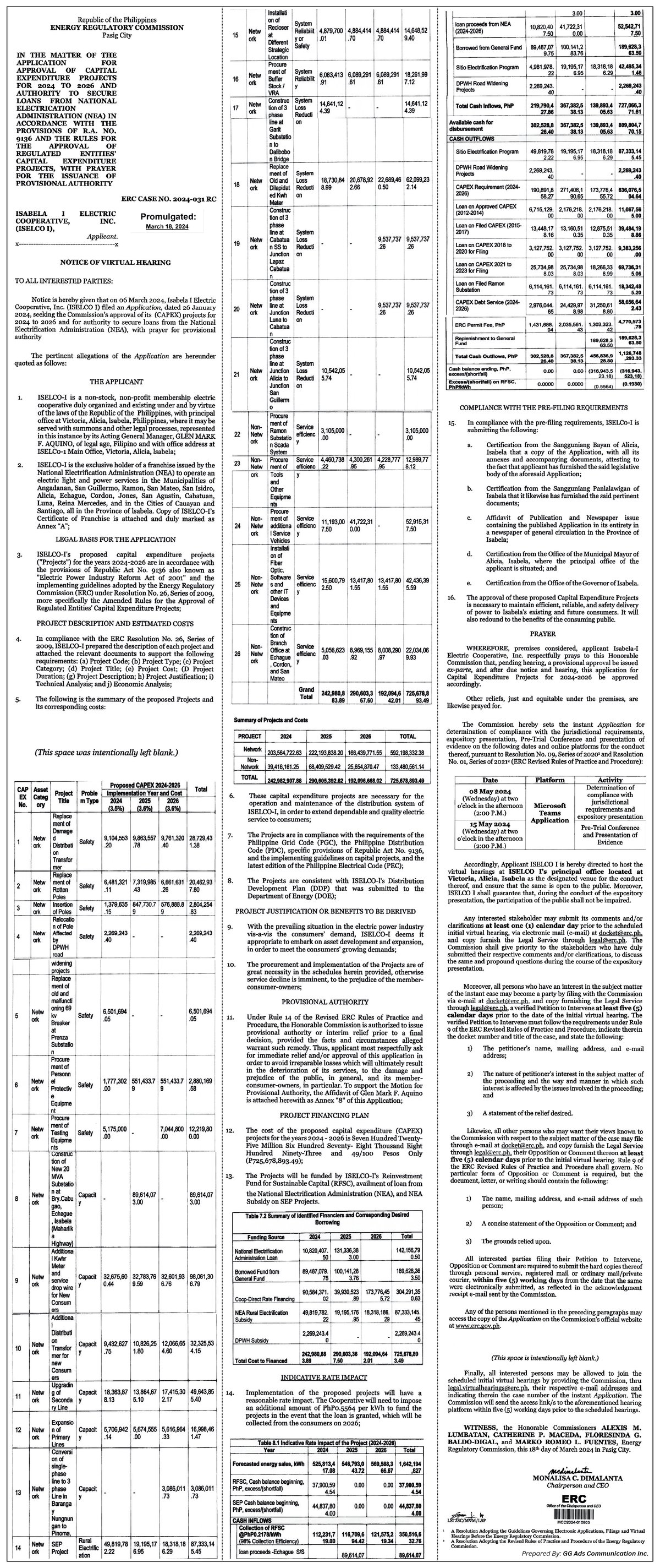 Notice of Virtual Hearing - Isabela I Electric Cooperative, Inc. (ISELCO I)