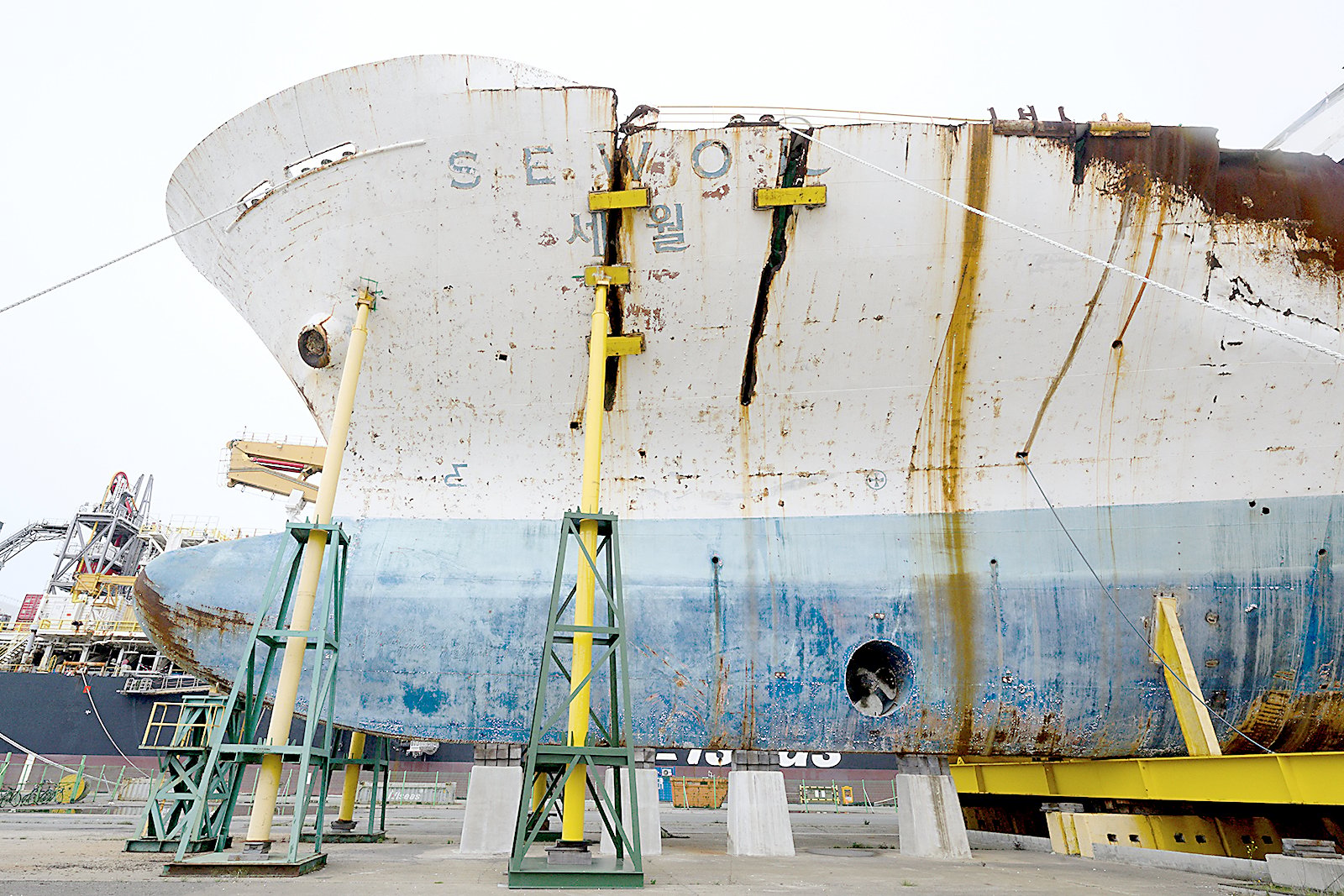 THE hull of the salvaged Sewol ferry is seen at a port in Mokpo, South Jeolla Province, on 16 April 2024, as South Korea marked the 10th anniversary of the country’s worst-ever maritime disaster, when hundreds of schoolchildren died after the overloaded Sewol ferry capsized and sank.