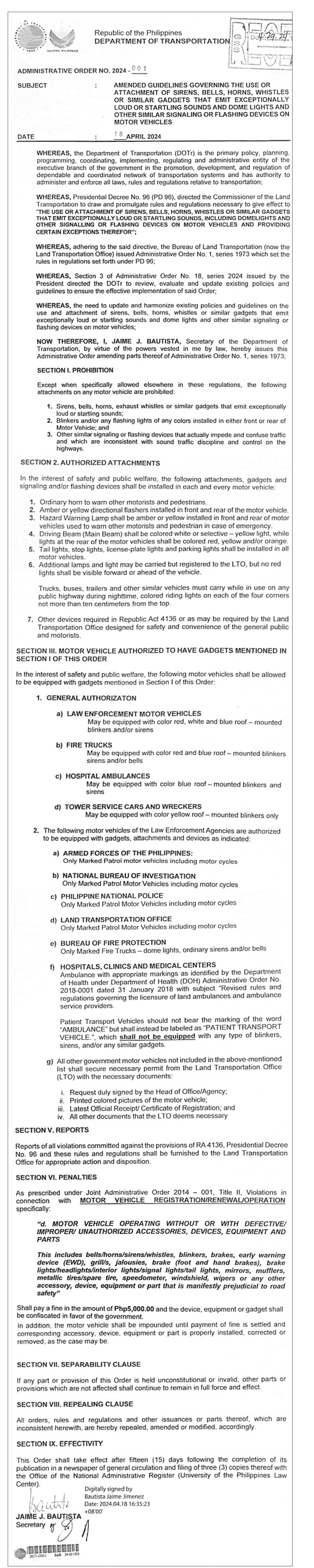 DOTr - Administrative Order No. 2024 - 001