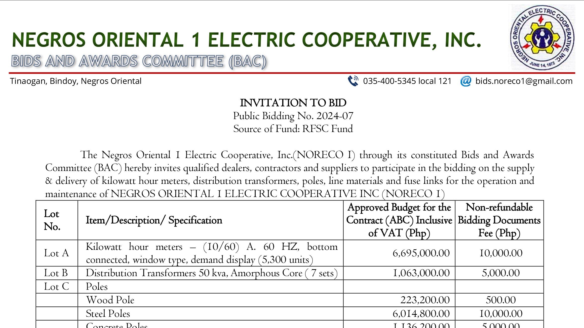 Negros Oriental 1 Electric Cooperative, Inc.(NORECO I) - Invitation to Bid