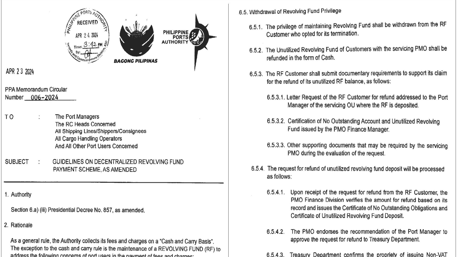 Philippine Ports Authority Memorandum Circular No. 006-2024