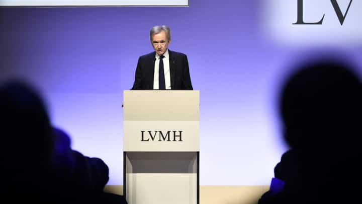 (FILES) World's top luxury group LVMH head Bernard Arnault presents the group's 2023 annual results in Paris, on 25 January 2024. LVMH announced record sales for 2023, totaling 86,2 billion euros, resulting in 15,2 billion euros in profit.