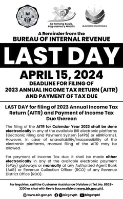 BIR - Deadline for Filing of 2023 Annual Income Tax Return (AITR) and Payment of Tax Due