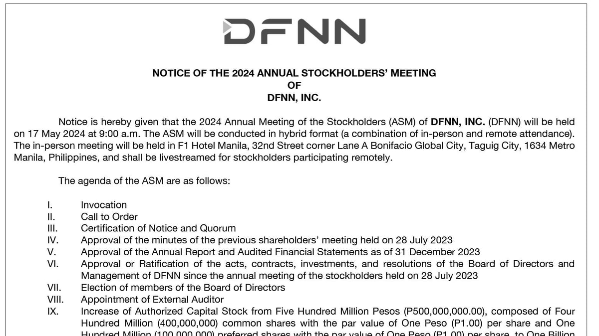 Notice of the 2024 Annual Stockholders' Meeting of DFNN, Inc.