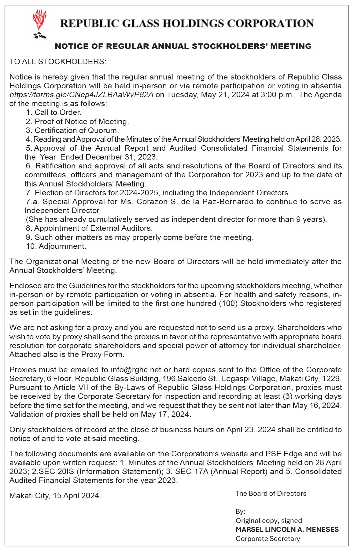 Republic Glass Holdings Corporation - Notice of Regular Annual Stockholders' Meeting