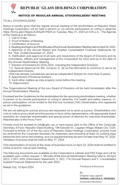 Republic Glass Holdings Corporation - Notice of Regular Annual Stockholders' Meeting