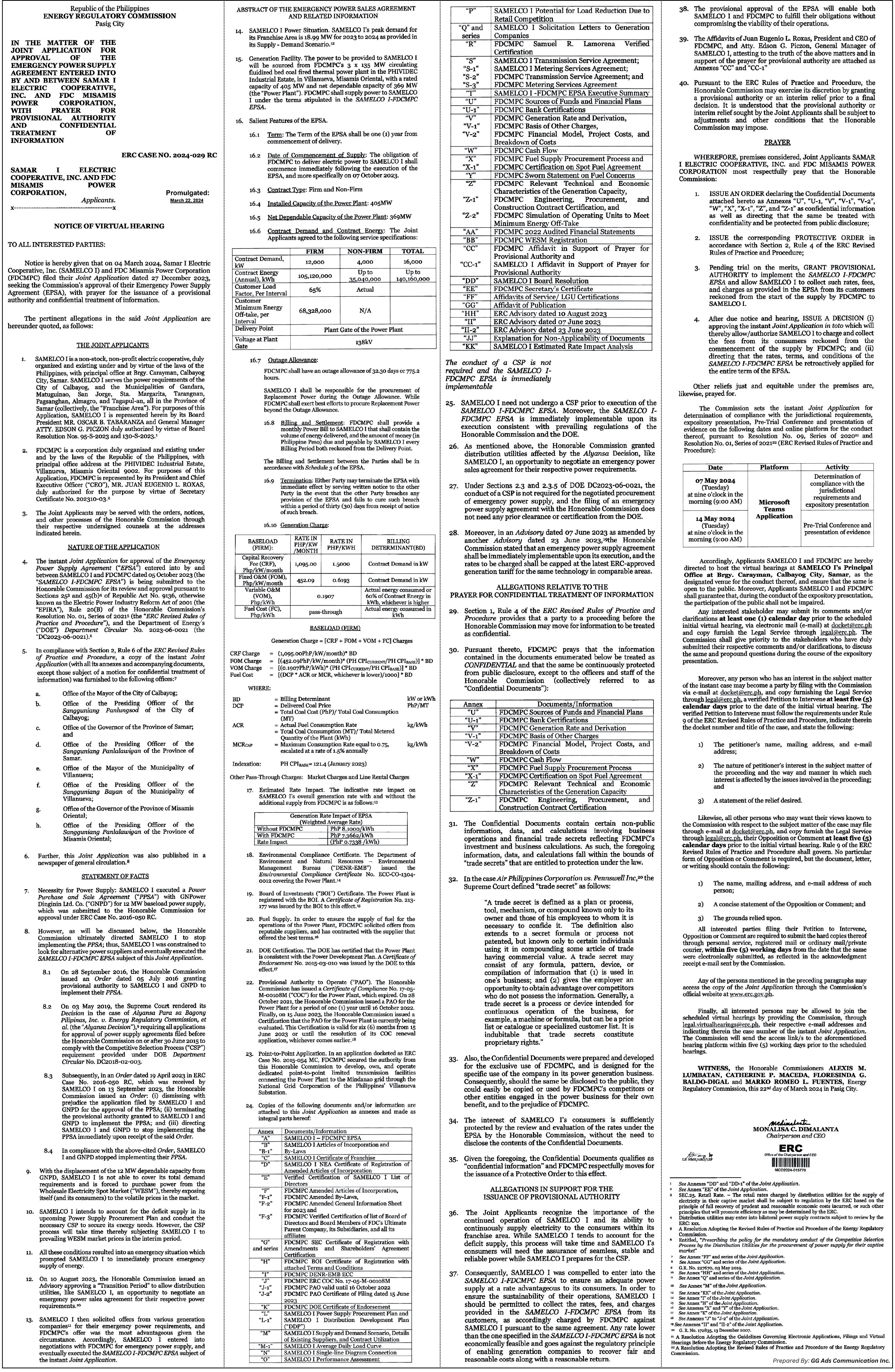 Notice of Virtual Hearing - Samar I Electric Cooperative, inc. (SAMELCO I) & FDC Misamis Power Corporation (FDCMPC)