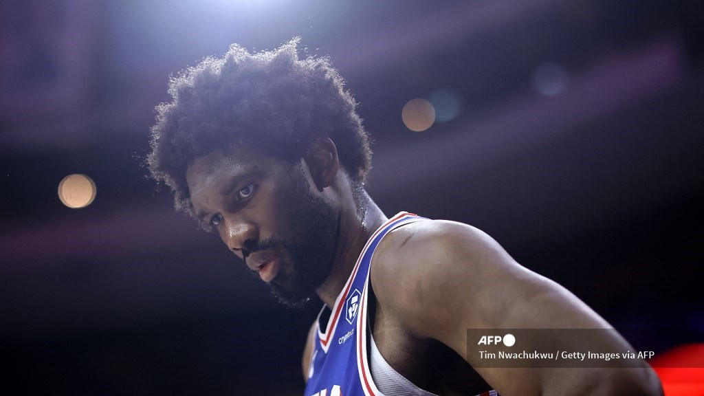 Joel Embiid #21 of the Philadelphia 76ers looks on during the fourth quarter against the New York Knicks during game three of the Eastern Conference First Round Playoffs at the Wells Fargo Center on 25 April 2024 in Philadelphia, Pennsylvania.