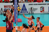 DEANNA Wong, Chery Nunag, and Sisi Rondina of Choco Mucho foil the attack of Jema Galanza of Creamline during their PVL All-Filipino Conference semifinals yesterday at the Philsports Arena. The Flying Titans prevailed, 13-25, 19-25, 25-21, 25-20, 18-16.