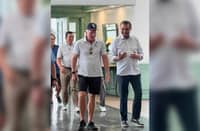 LIV Golf chief executive officer Greg Norman (left) gets a warm welcome from Manila Southwoods chairman Robert John Sobrepeña during his visit on Tuesday.