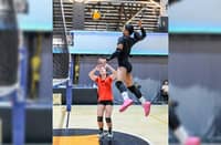 Jia Morado sets up national teammate Fifi Sharma for a spike during a workout in preparation for the 2024 AVC Challenge Cup.