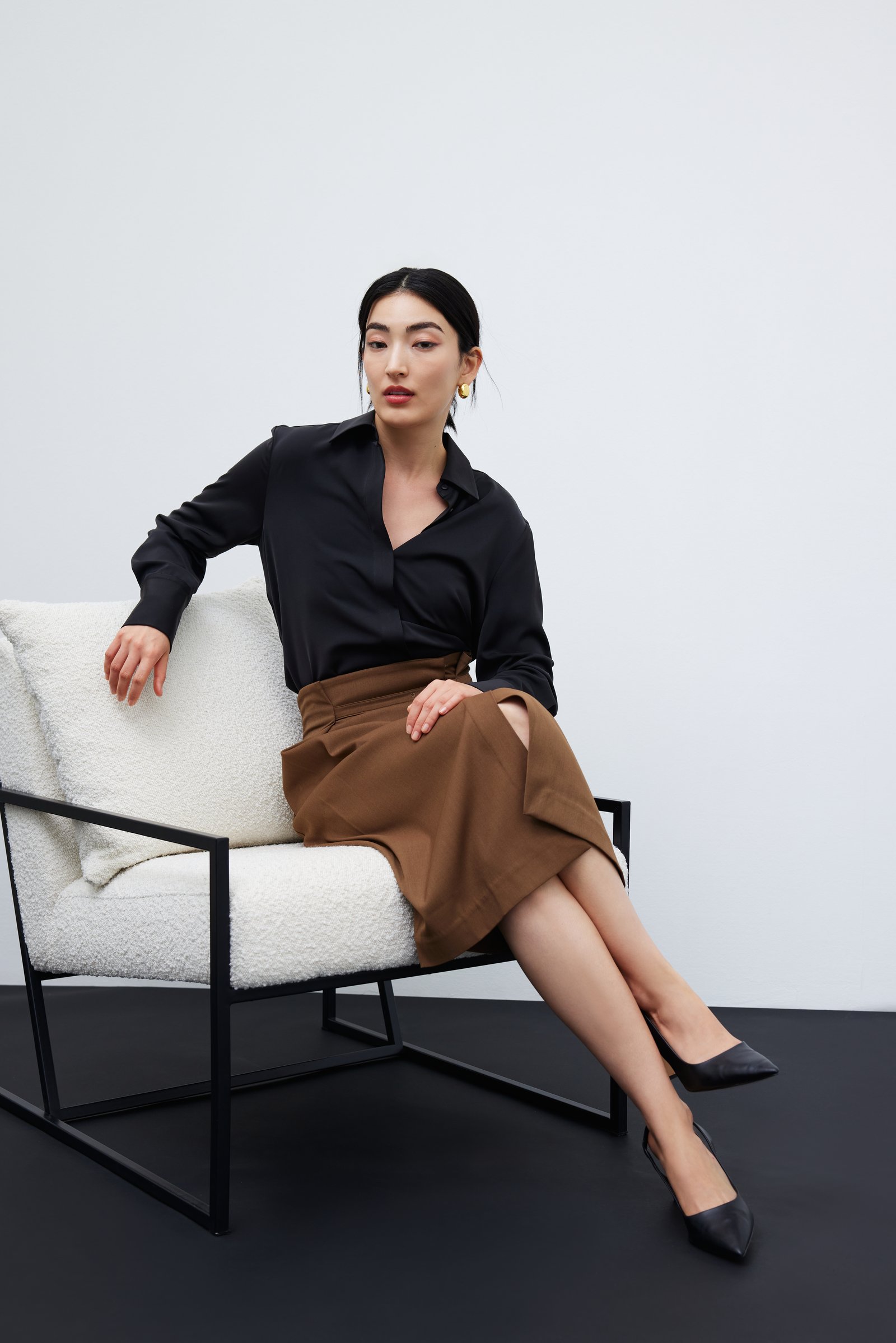Ivy Satin Button Down Shirt from Signatures (Black)  and Belted Pencil Midi Skirt (Golden Brown)