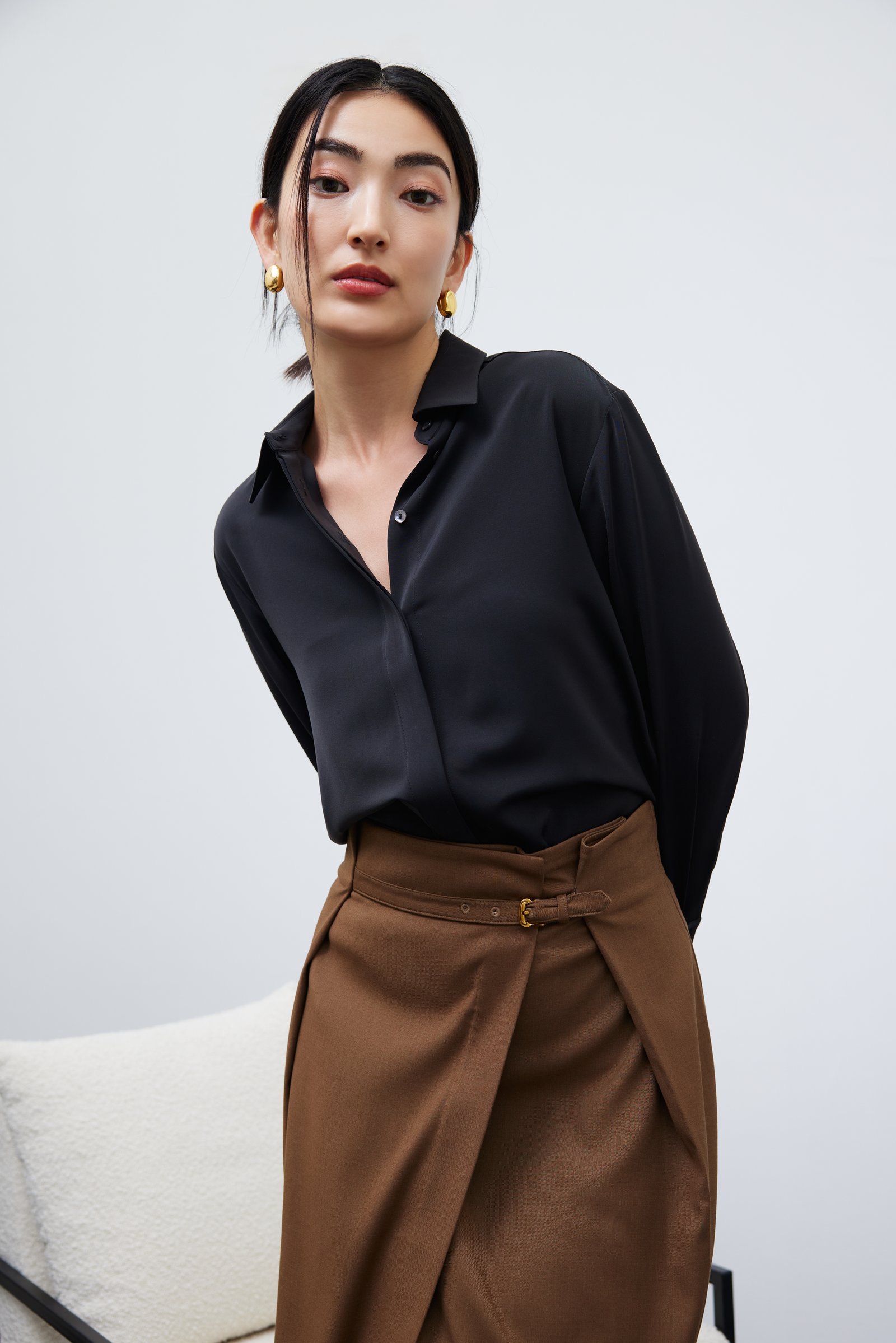 Ivy Satin Button Down Shirt from Signatures (Black)  and Belted Pencil Midi Skirt (Golden Brown)