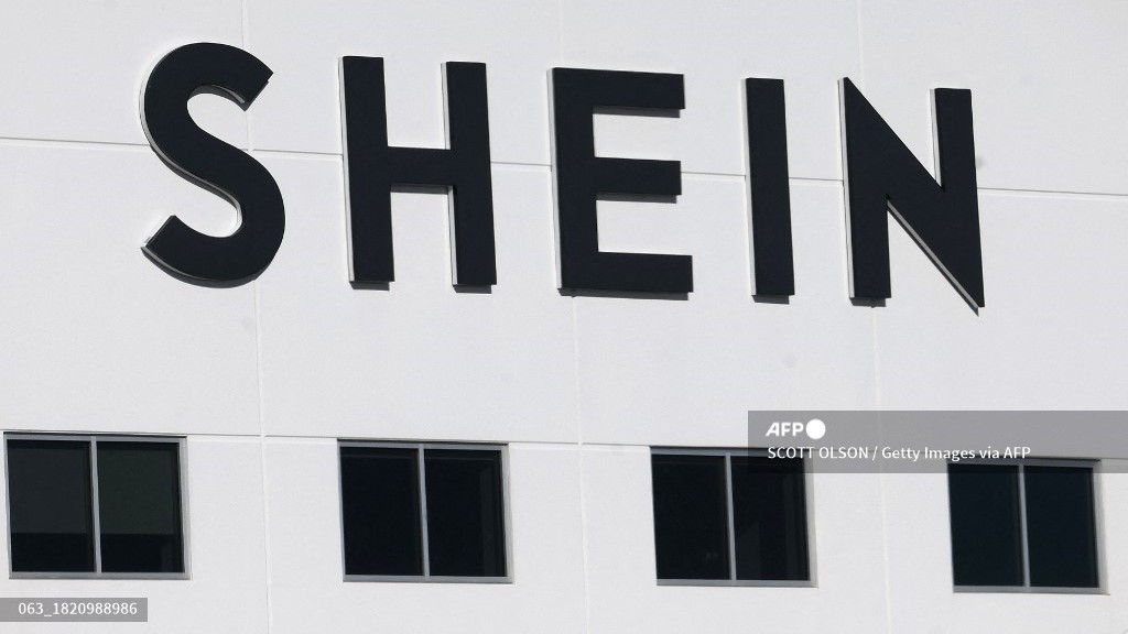 (FILES) A sign hangs outside of the Shein warehouse on 29 November 2023 in Whitestown, Indiana.