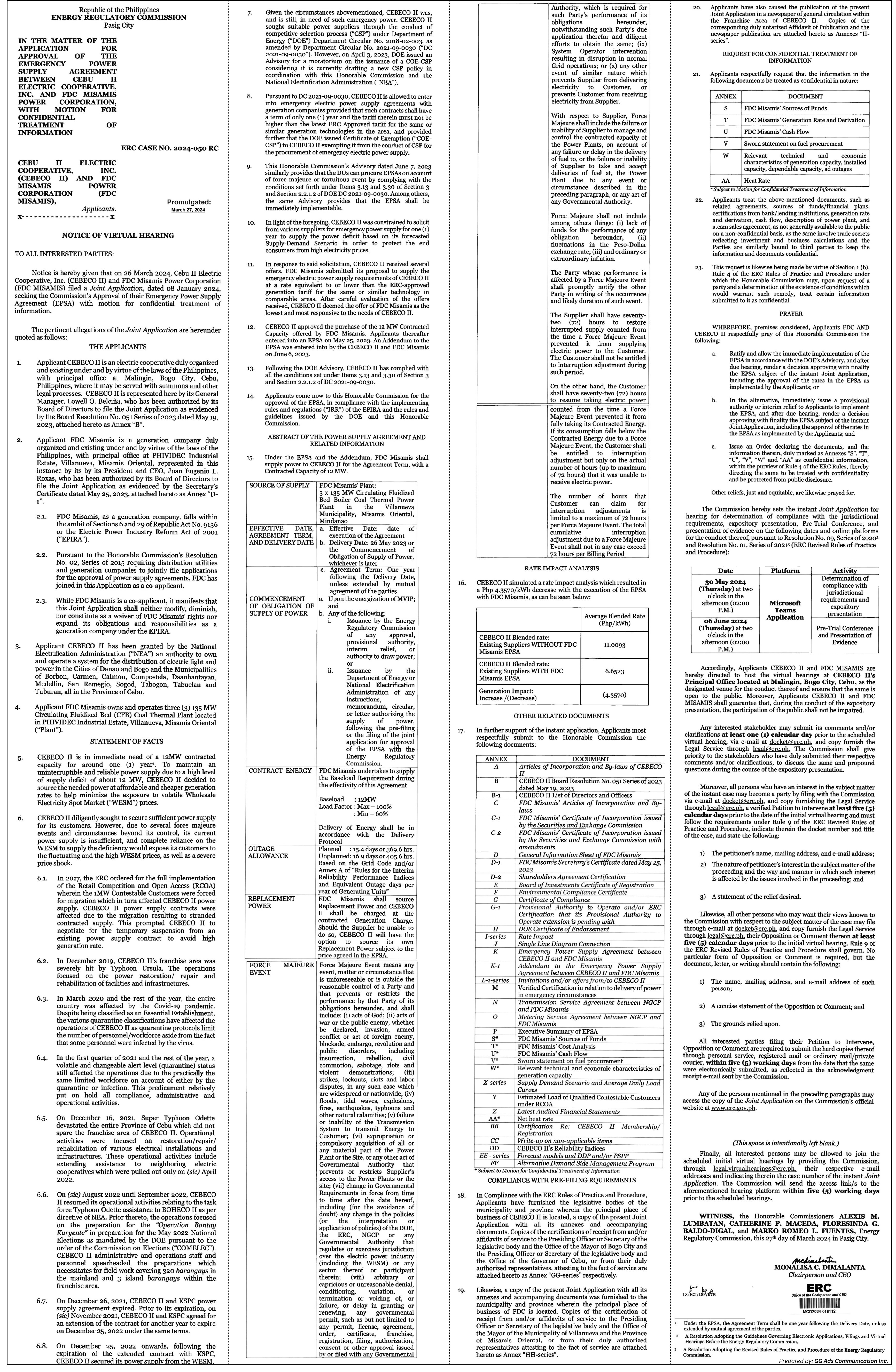 Notice of Virtual Hearing - Cebu II Electric Cooperative, Inc. (CEBECO II) and FDC Misamis Power Corporation (FDC Misamis)
