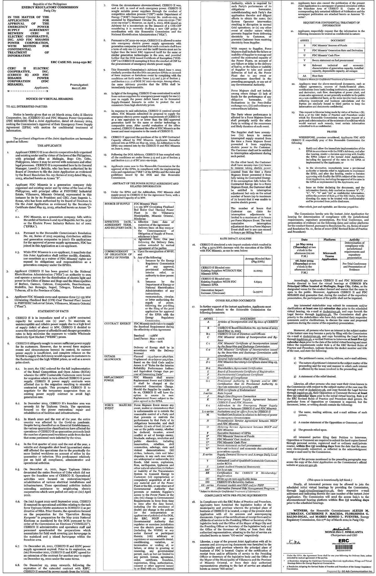 Notice of Virtual Hearing - Cebu II Electric Cooperative, Inc. (CEBECO II) and FDC Misamis Power Corporation (FDC Misamis)