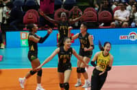 The Far Eastern University Lady Tamaraws celebrate their 25-23, 25-17, 25-23 victory over top-seed National University in their UAAP Season 86 women’s volleyball tournament Final Four at the Smart Araneta Coliseum.