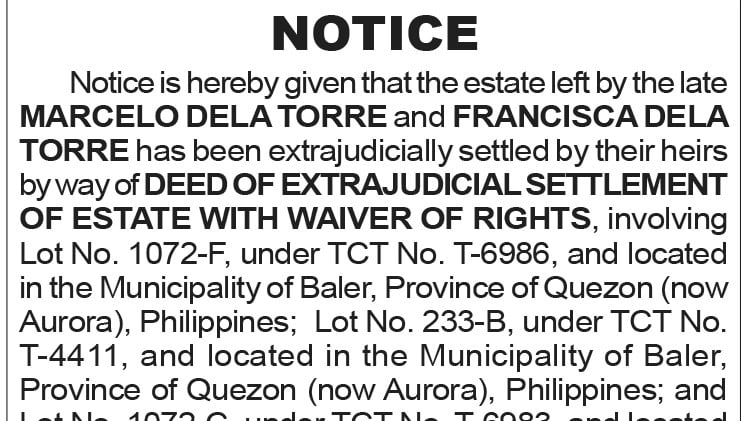 Deed of Extrajudicial Settlement of Estate with Waiver of Rights - Marcelo Dela Torre and Francisca Dela Torre