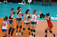 Vanie Gandler (second from right) and her Alas Pilipinas teammates celebrate their 25-16, 25-23, 25-15 win over Iran on Saturday for the host squad’s third straight win in the AVC Challenge Cup.
