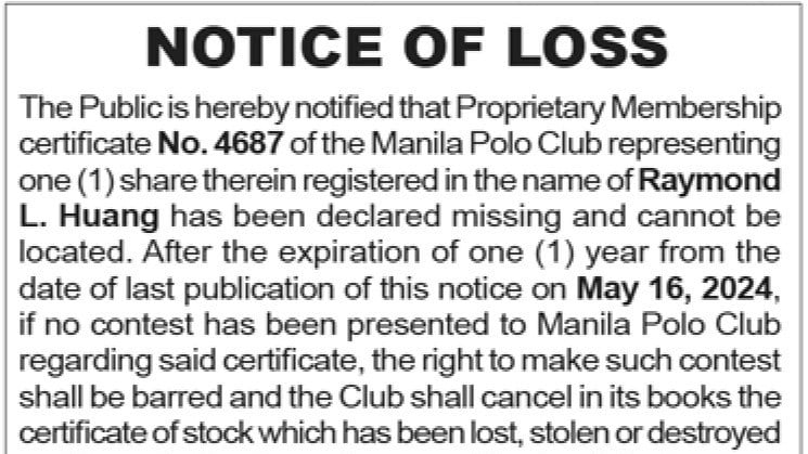 Notice of Loss - Raymond Huang