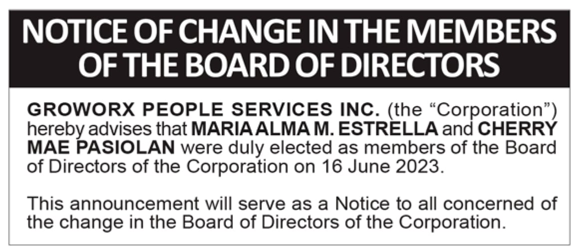 Notice of Change in the Members of the Board if Directors - Groworx Peope Services Inc.