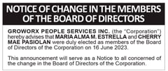 Notice of Change in the Members of the Board if Directors - Groworx Peope Services Inc.
