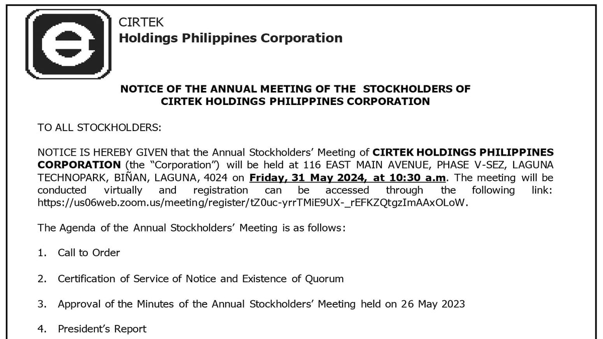 Notice of the Annual Meeting of the Stockholders of Cirtek Holdings Philippines Corporation