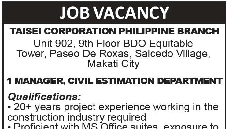 Job Vacancy - Taisei Corporation Philippines Branch
